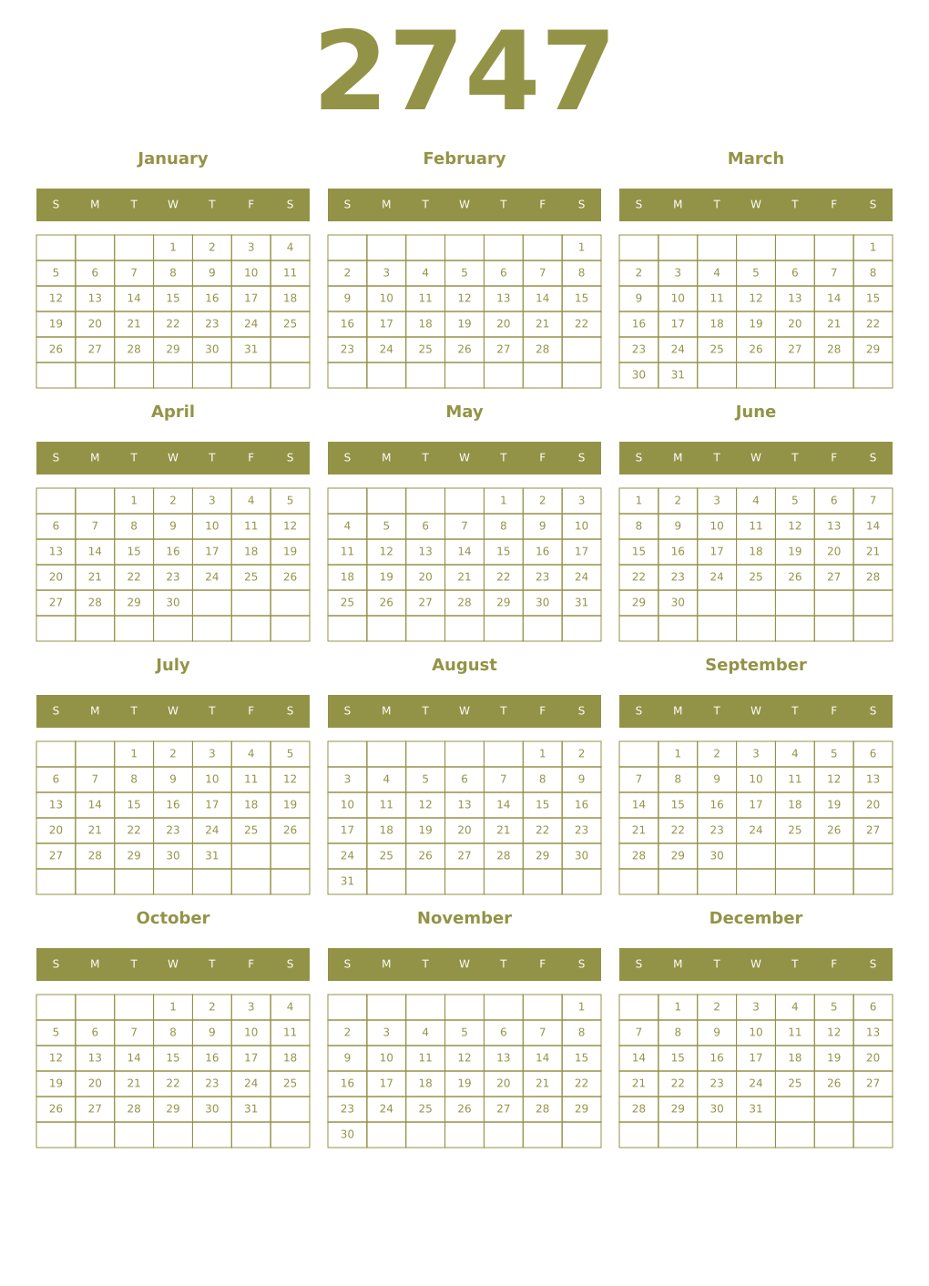 Printable 2747 Year Calendars eburnean
