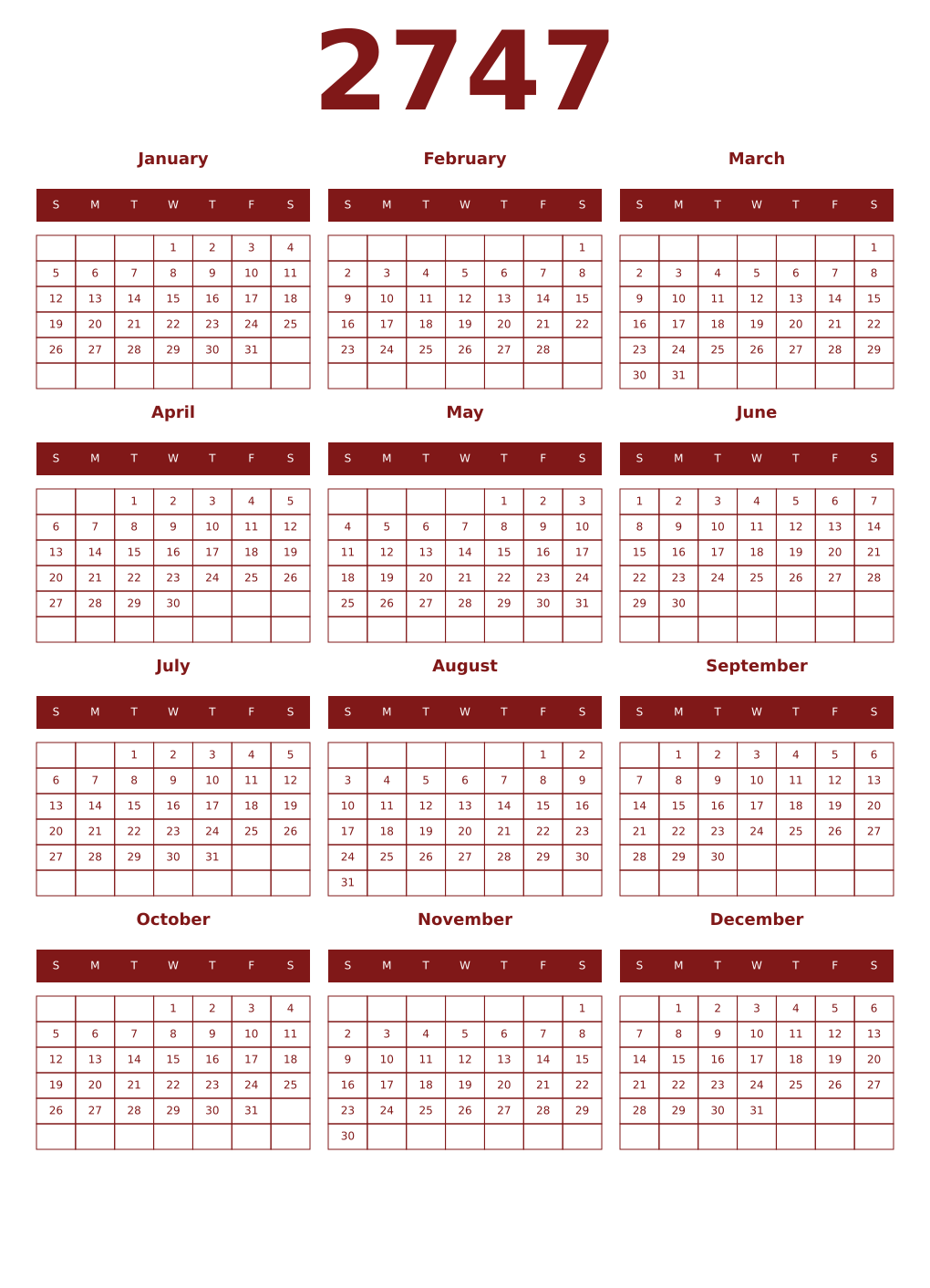 Printable 2747 Year Calendars falu