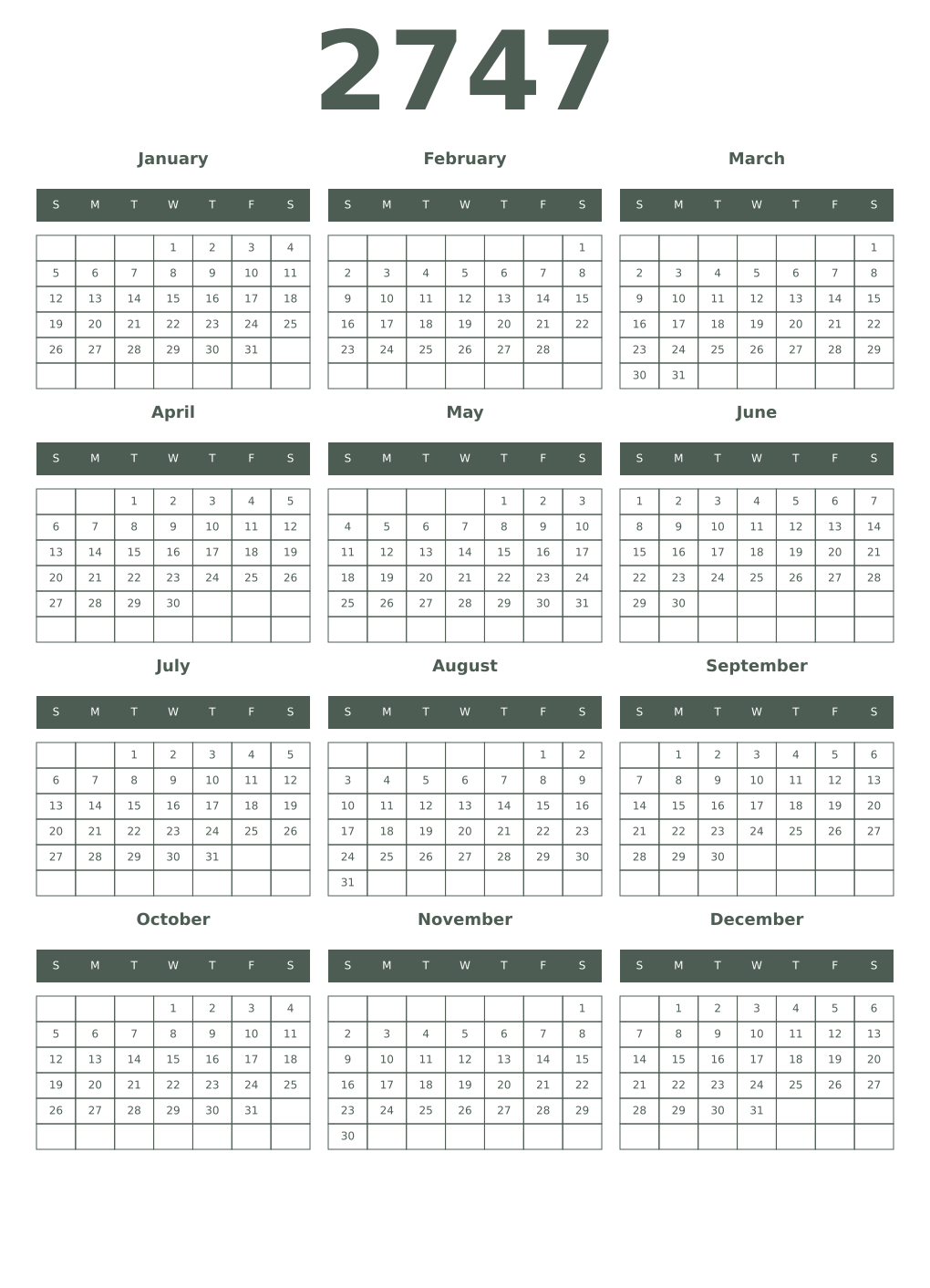 Printable 2747 Year Calendars feldgrau