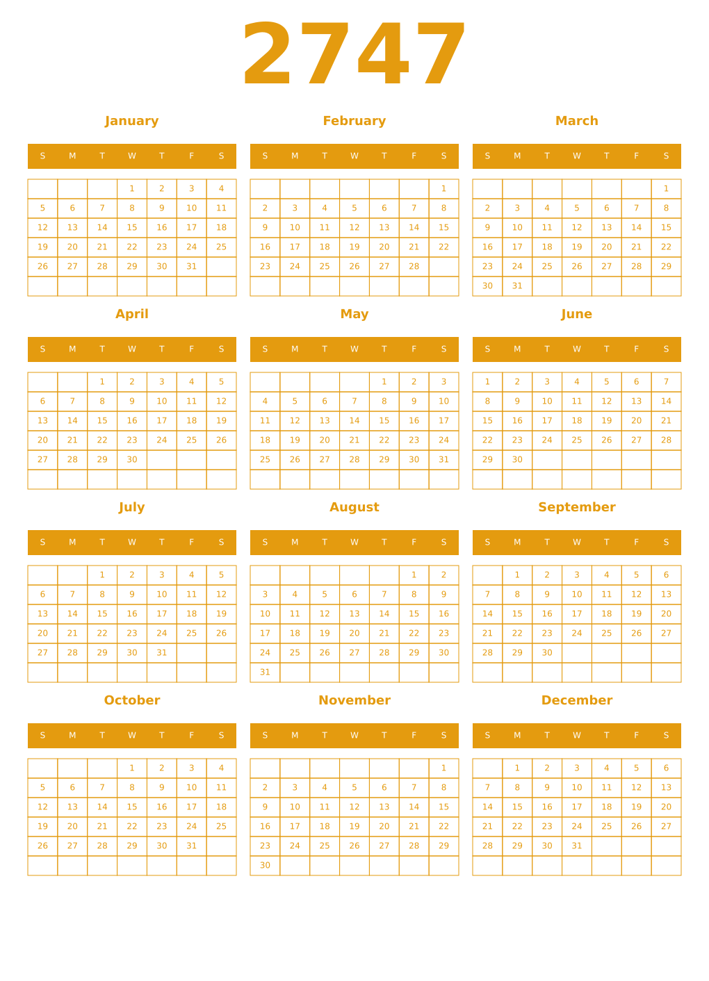 Printable 2747 Year Calendars gamboge