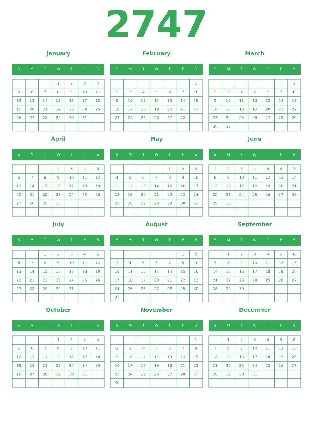 Printable 2747 Year Calendars green