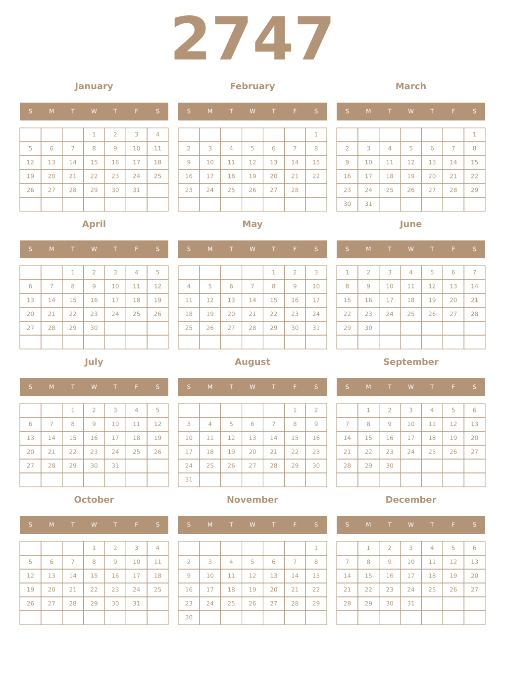 Printable 2747 Year Calendars isabelline