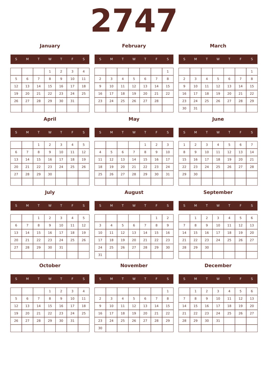Printable 2747 Year Calendars mortuum