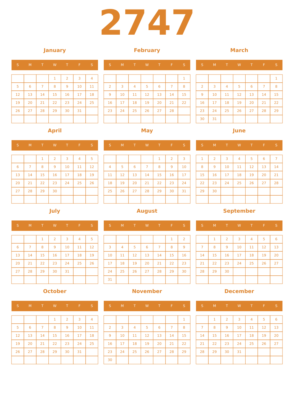 Printable 2747 Year Calendars orange
