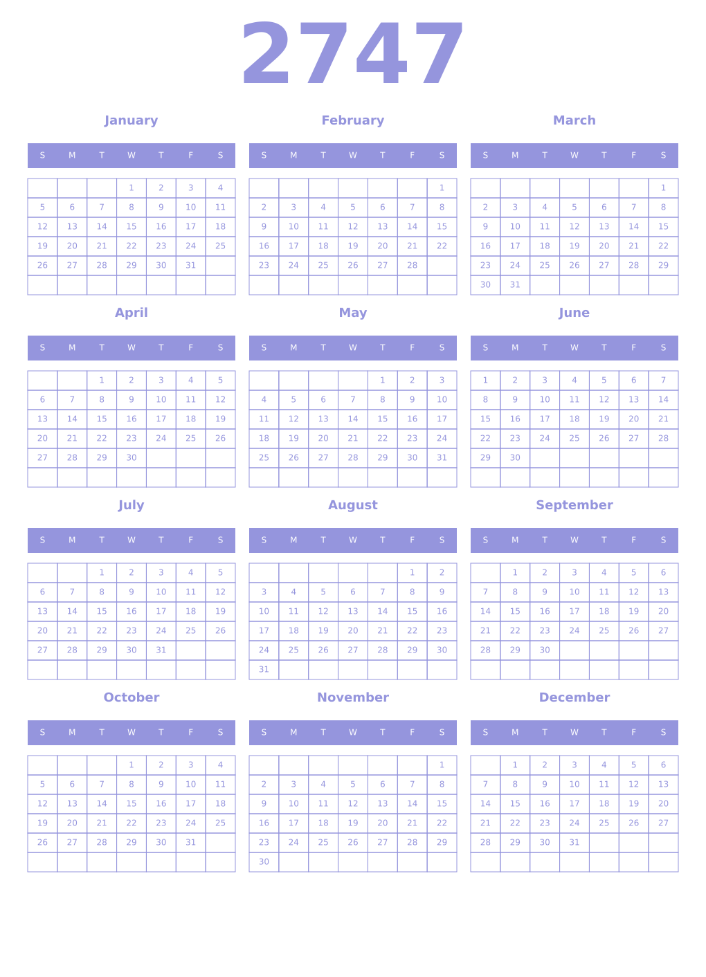 Printable 2747 Year Calendars periwinkle