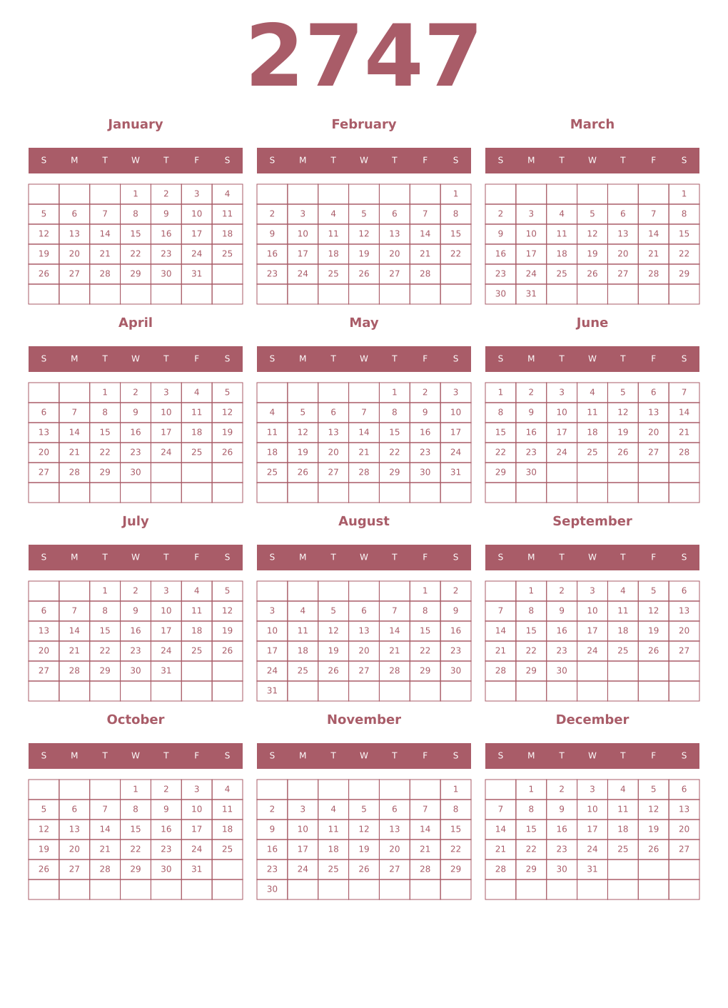 Printable 2747 Year Calendars puce