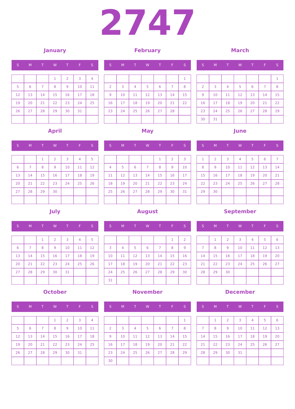 Printable 2747 Year Calendars purple