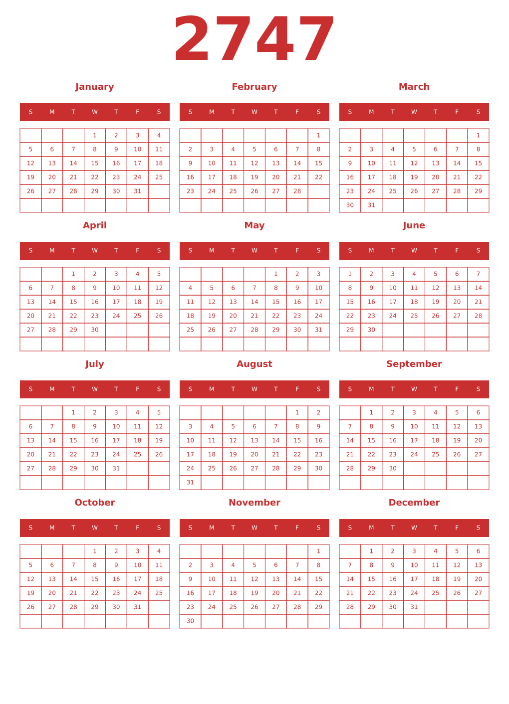 Printable 2747 Year Calendars red