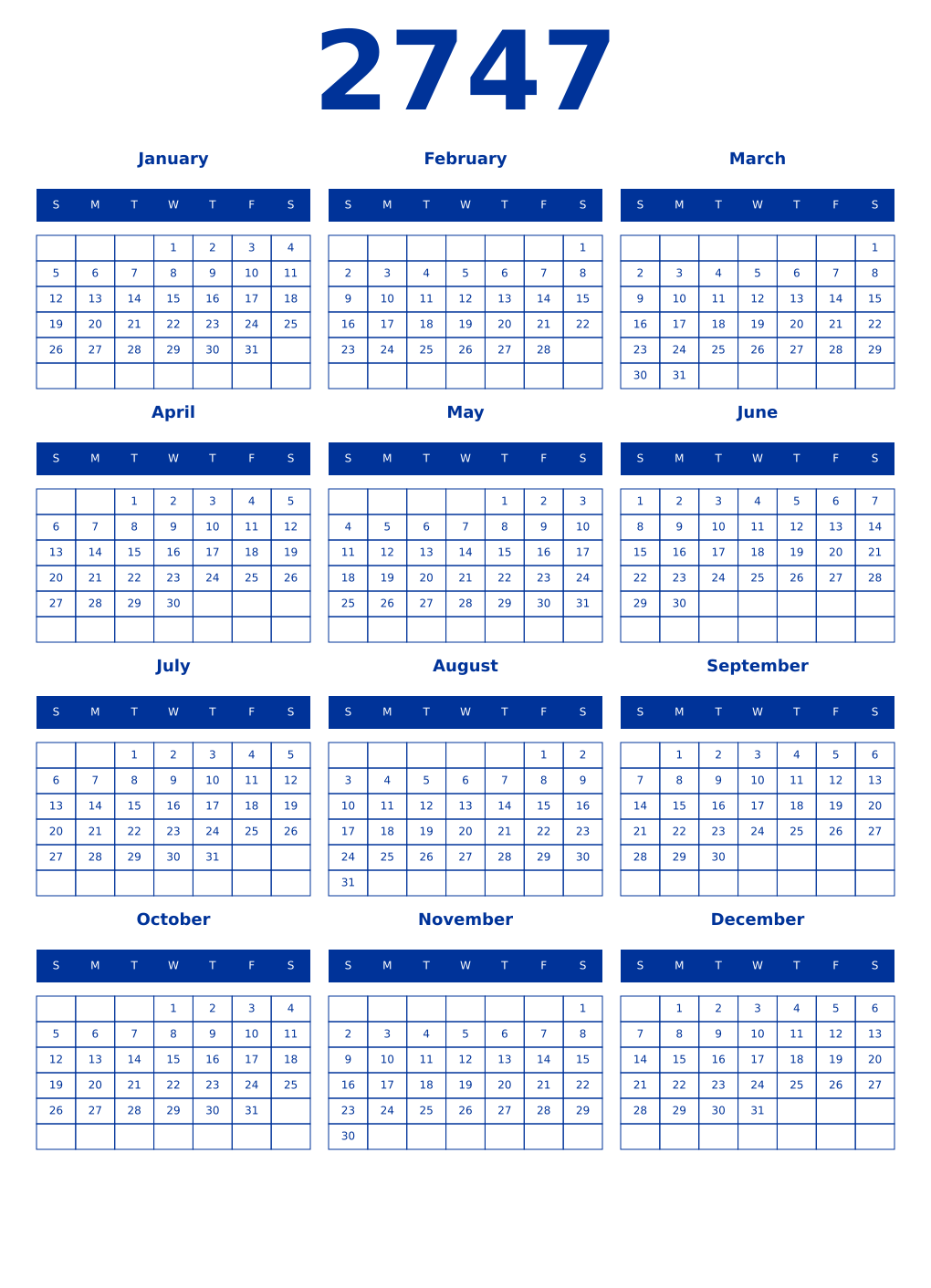 Printable 2747 Year Calendars smalt
