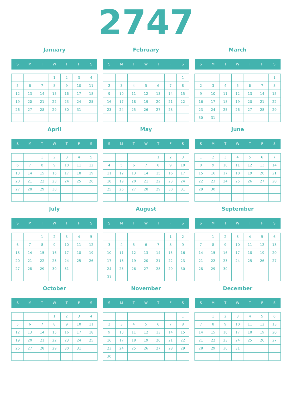 Printable 2747 Year Calendars verdigris