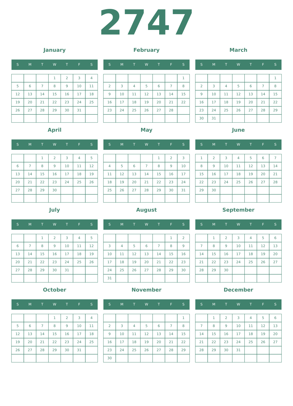 Printable 2747 Year Calendars viridian