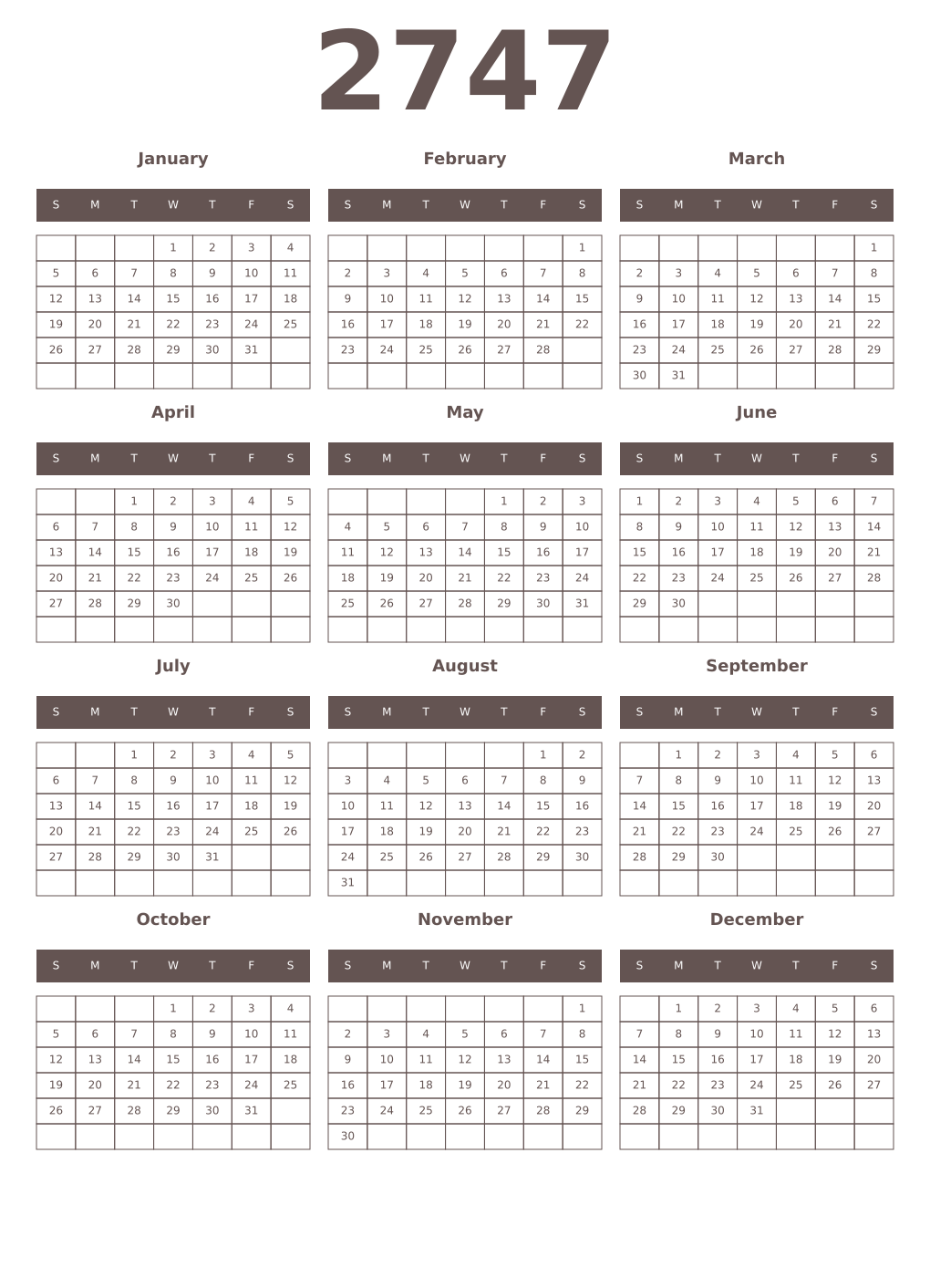 Printable 2747 Year Calendars wenge