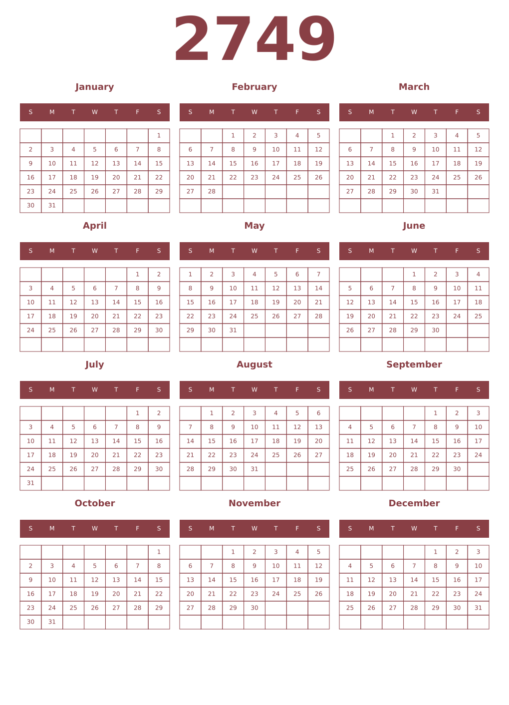 Printable 2749 Year Calendars cordovan