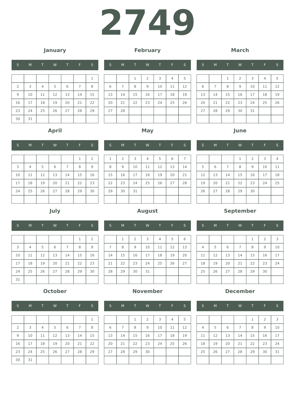 Printable 2749 Year Calendars feldgrau