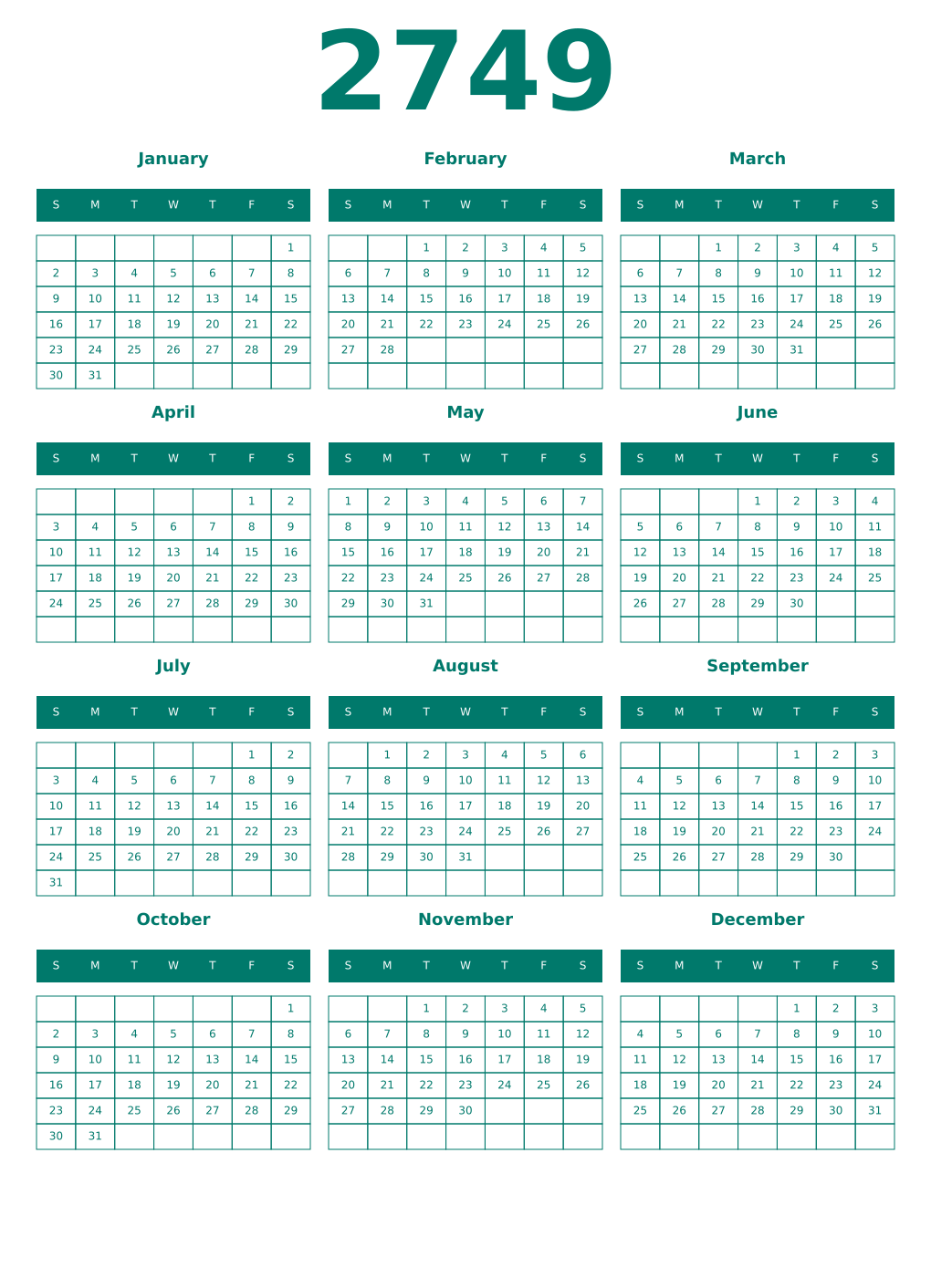 Printable 2749 Year Calendars pastel