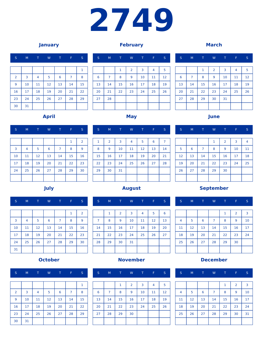 Printable 2749 Year Calendars smalt