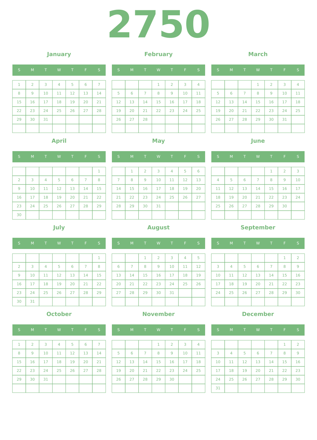 Printable 2750 Year Calendars celadon