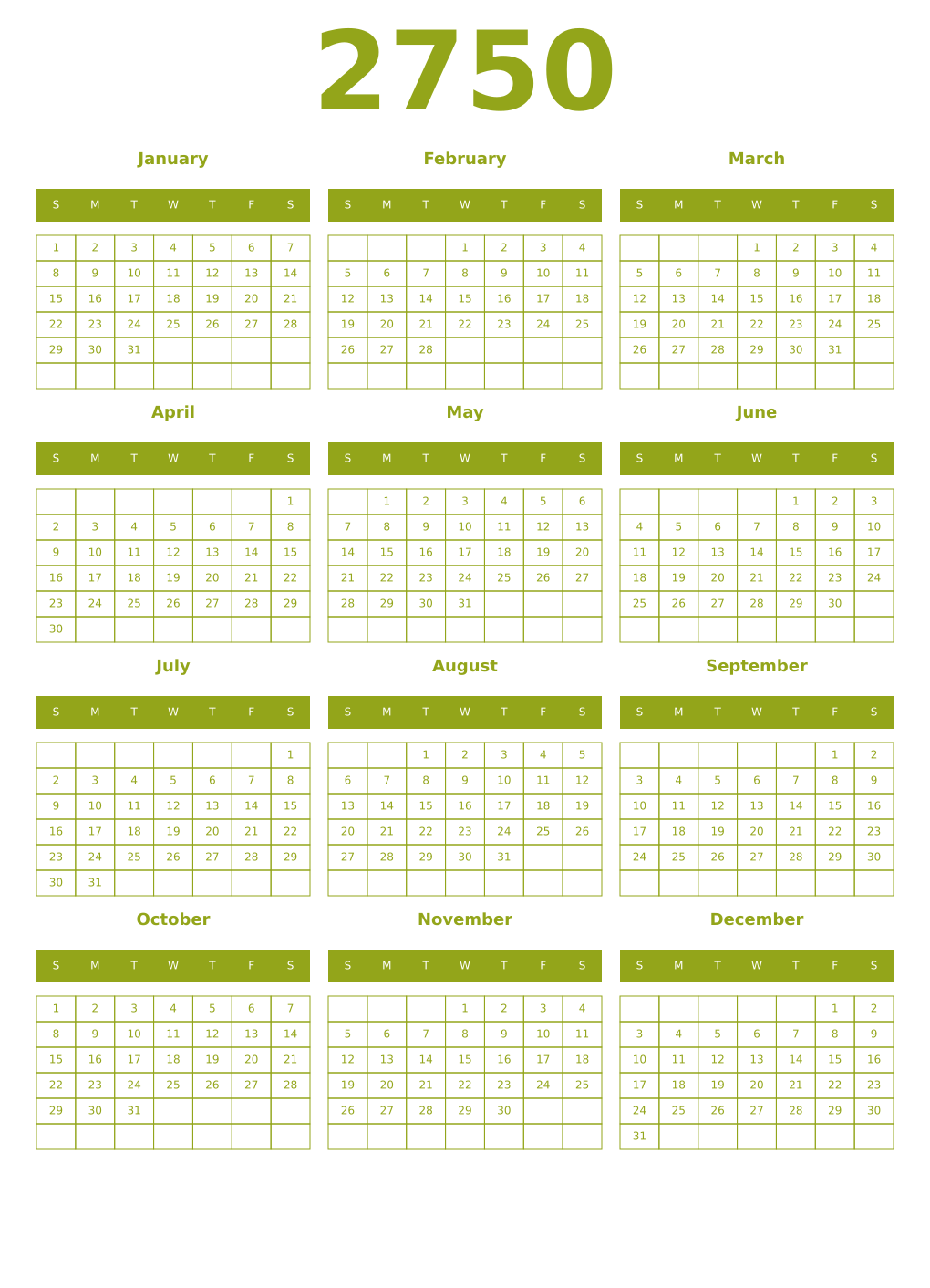 Printable 2750 Year Calendars chartreuse