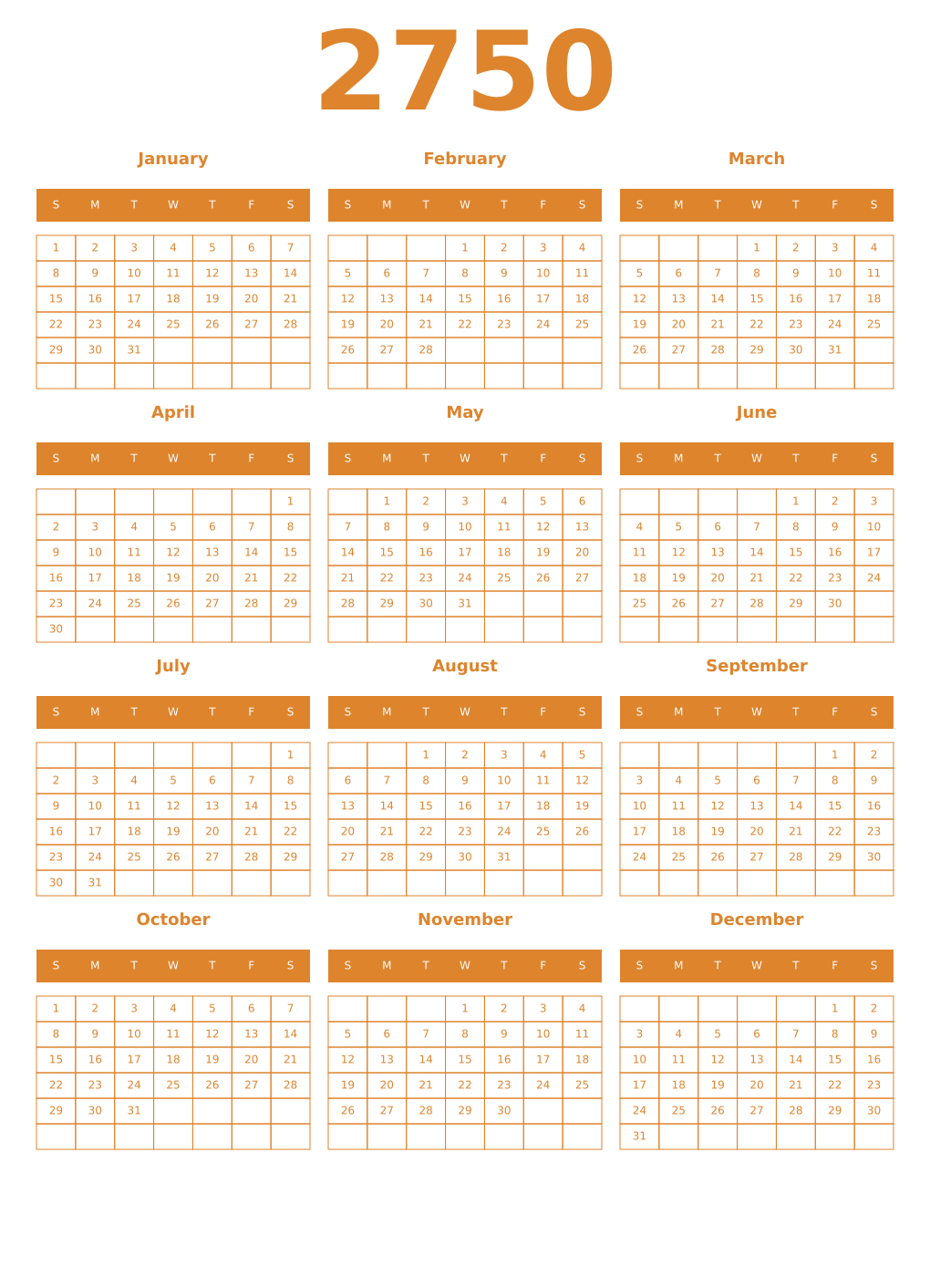 Printable 2750 Year Calendars orange