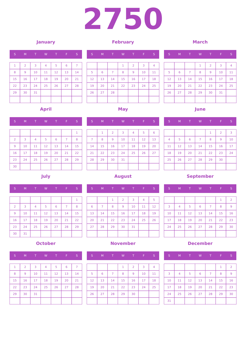 Printable 2750 Year Calendars purple