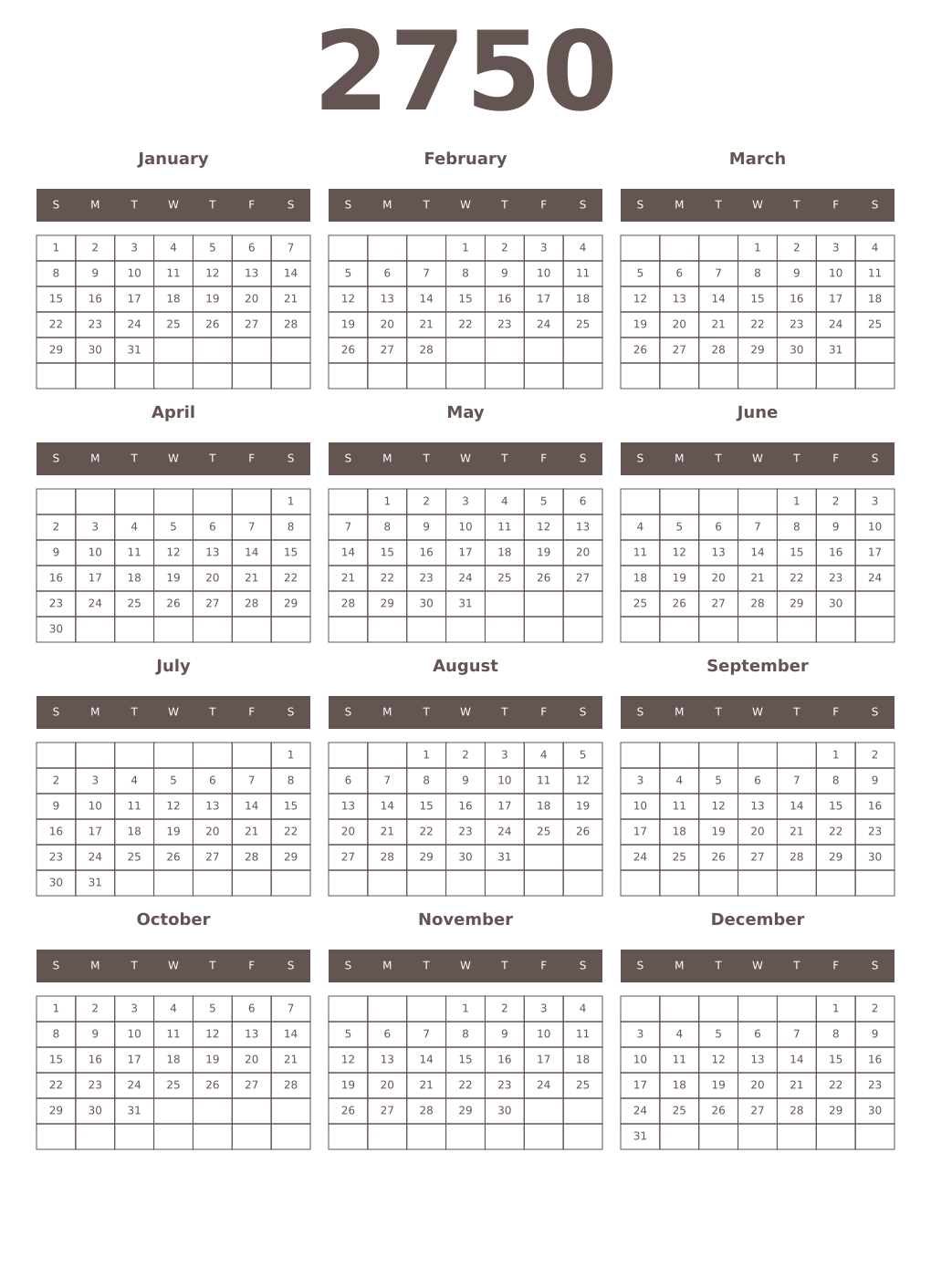 Printable 2750 Year Calendars wenge