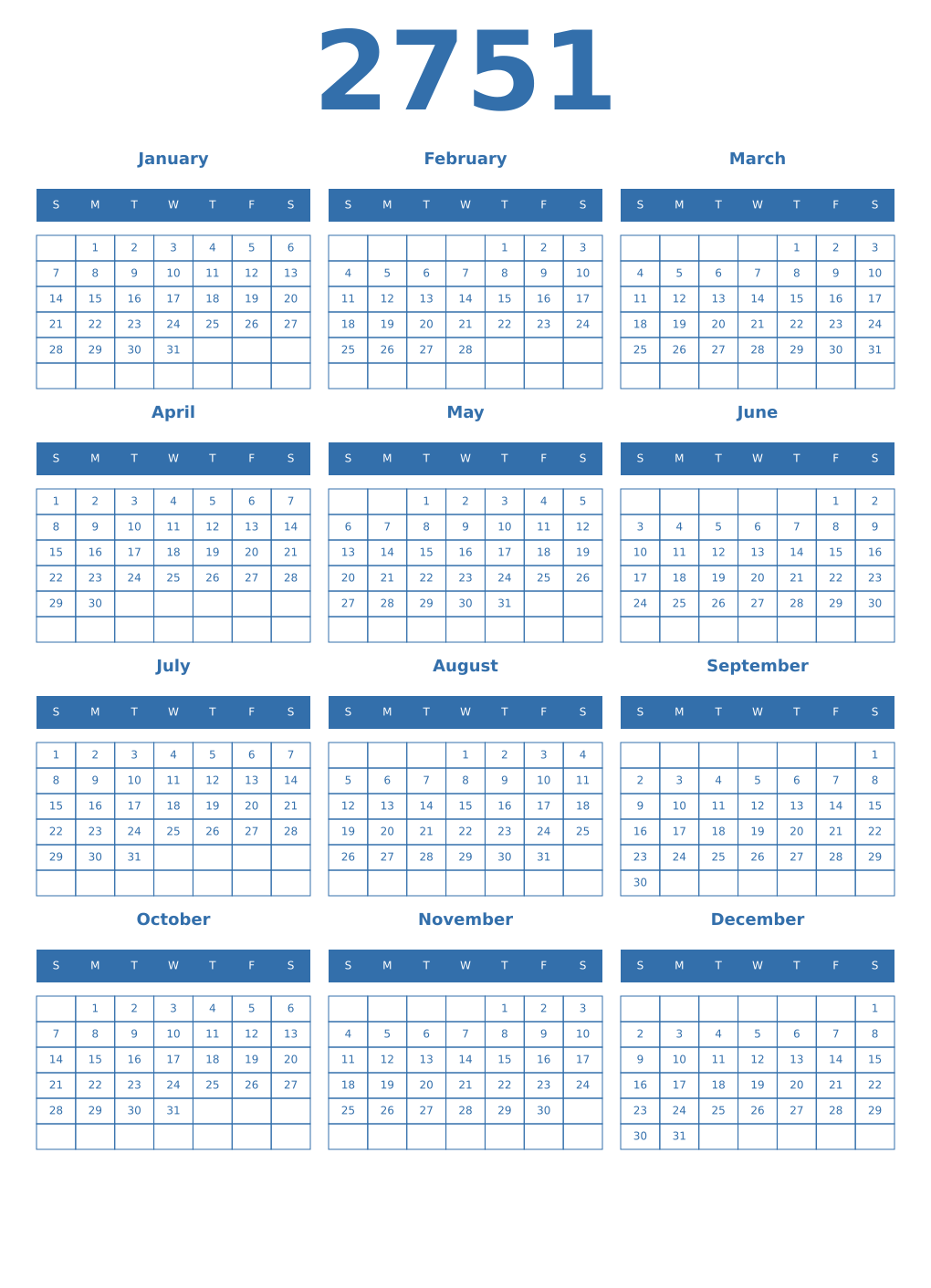 Printable 2751 Year Calendars blue
