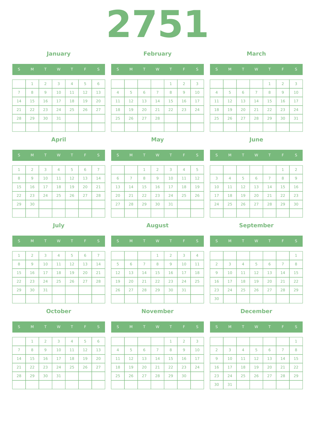 Printable 2751 Year Calendars celadon