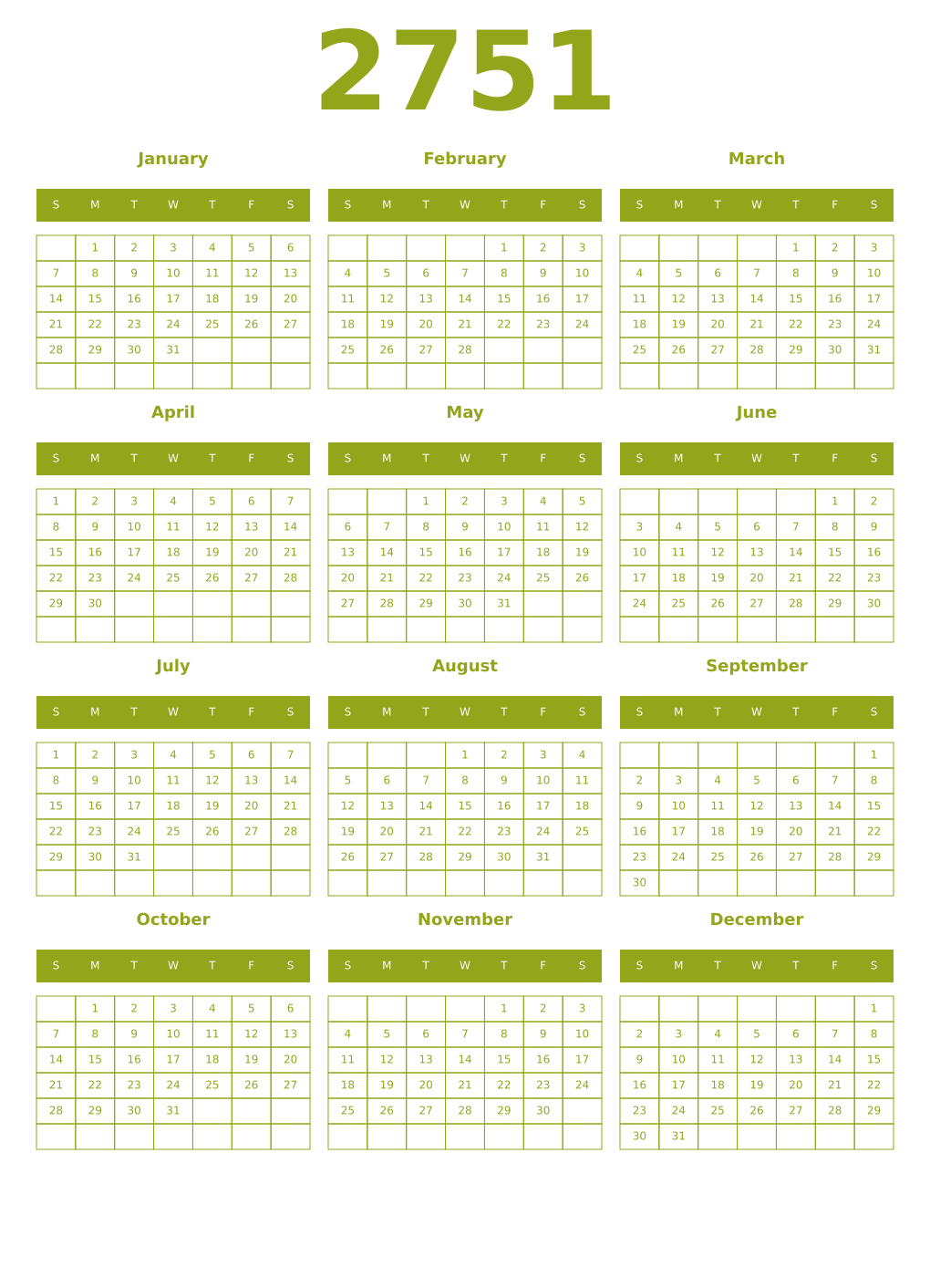 Printable 2751 Year Calendars chartreuse