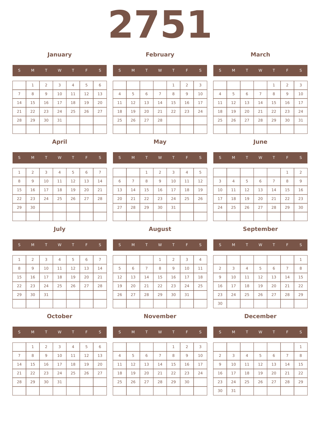 Printable 2751 Year Calendars coffe