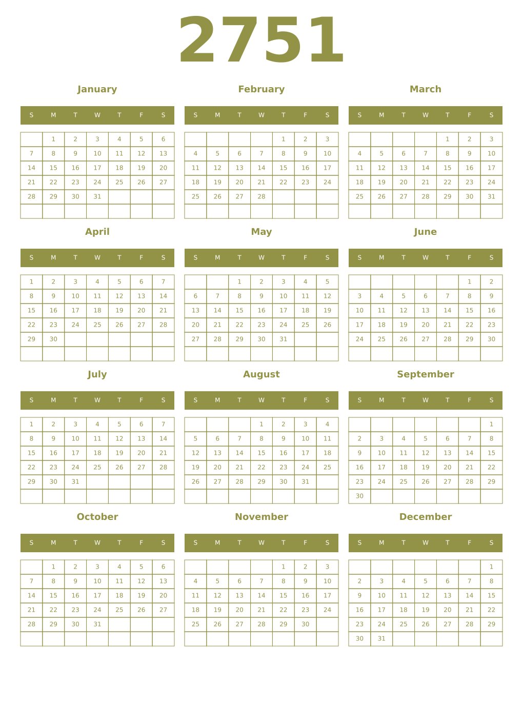 Printable 2751 Year Calendars eburnean