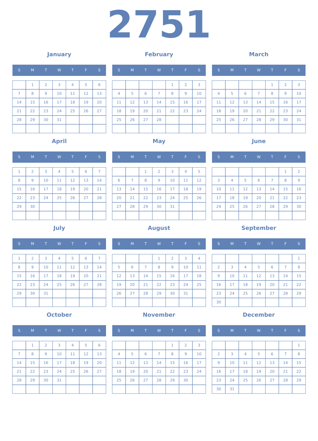 Printable 2751 Year Calendars glaucous