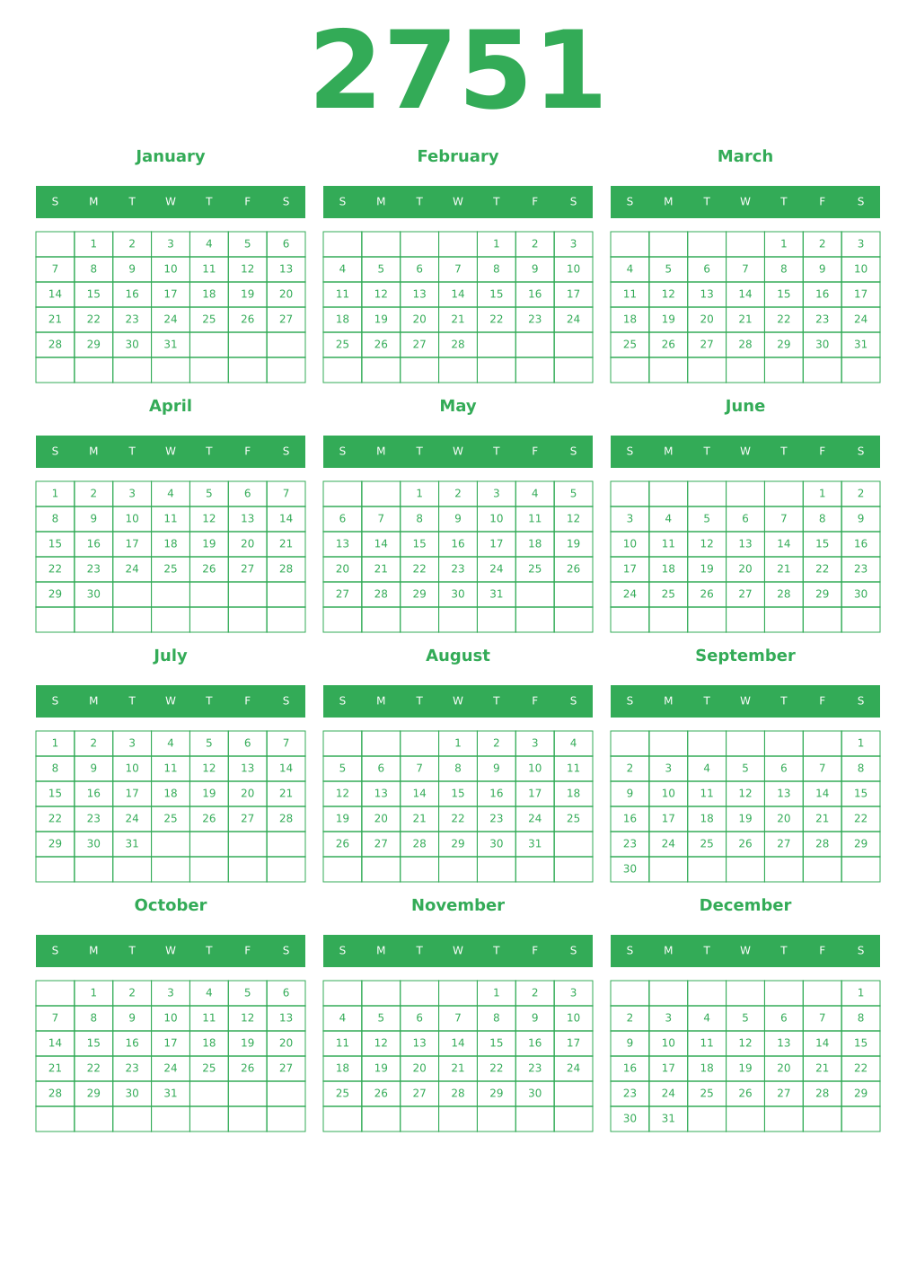 Printable 2751 Year Calendars green