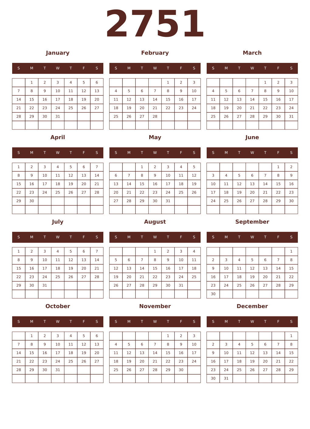 Printable 2751 Year Calendars mortuum