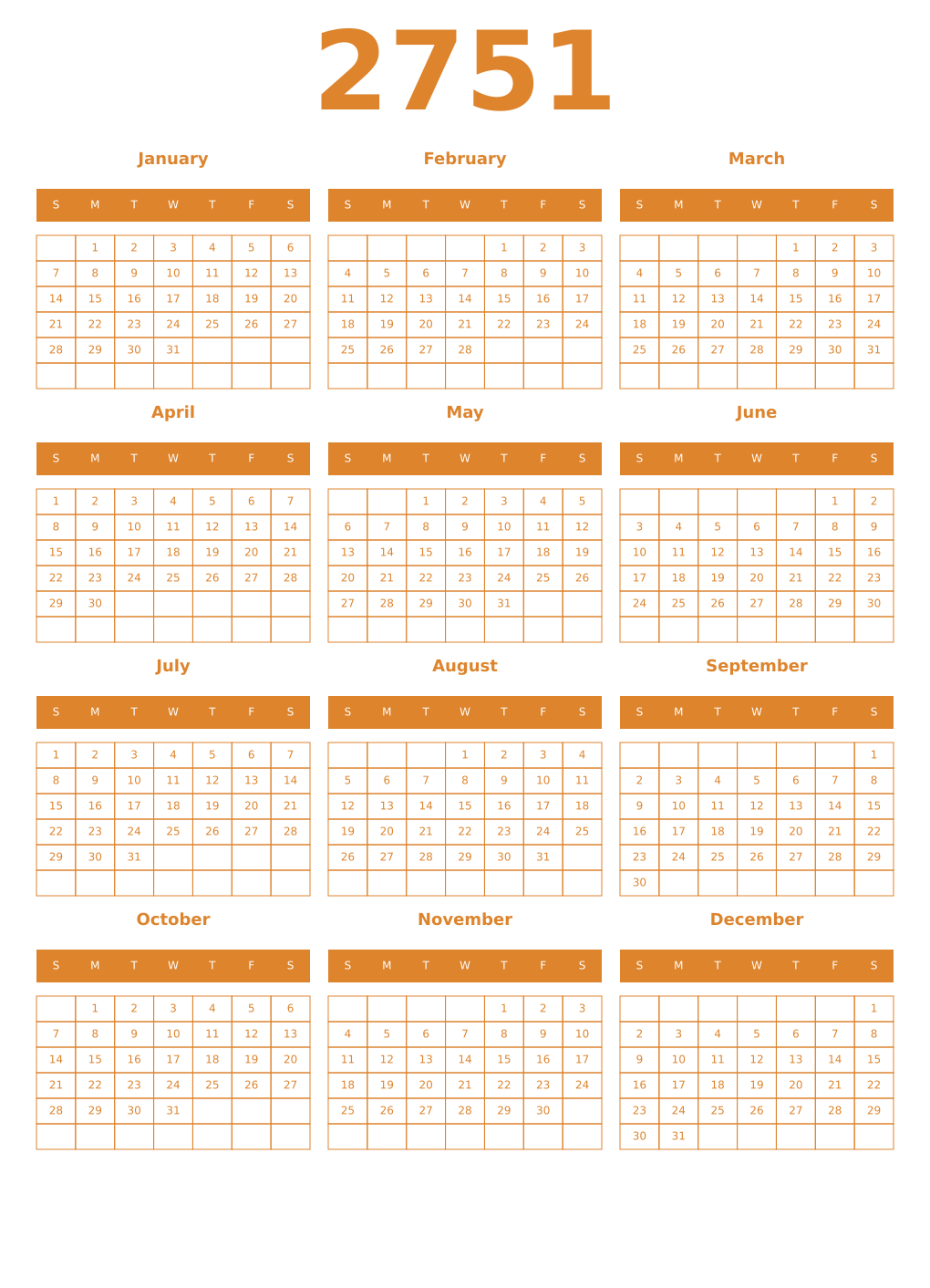 Printable 2751 Year Calendars orange