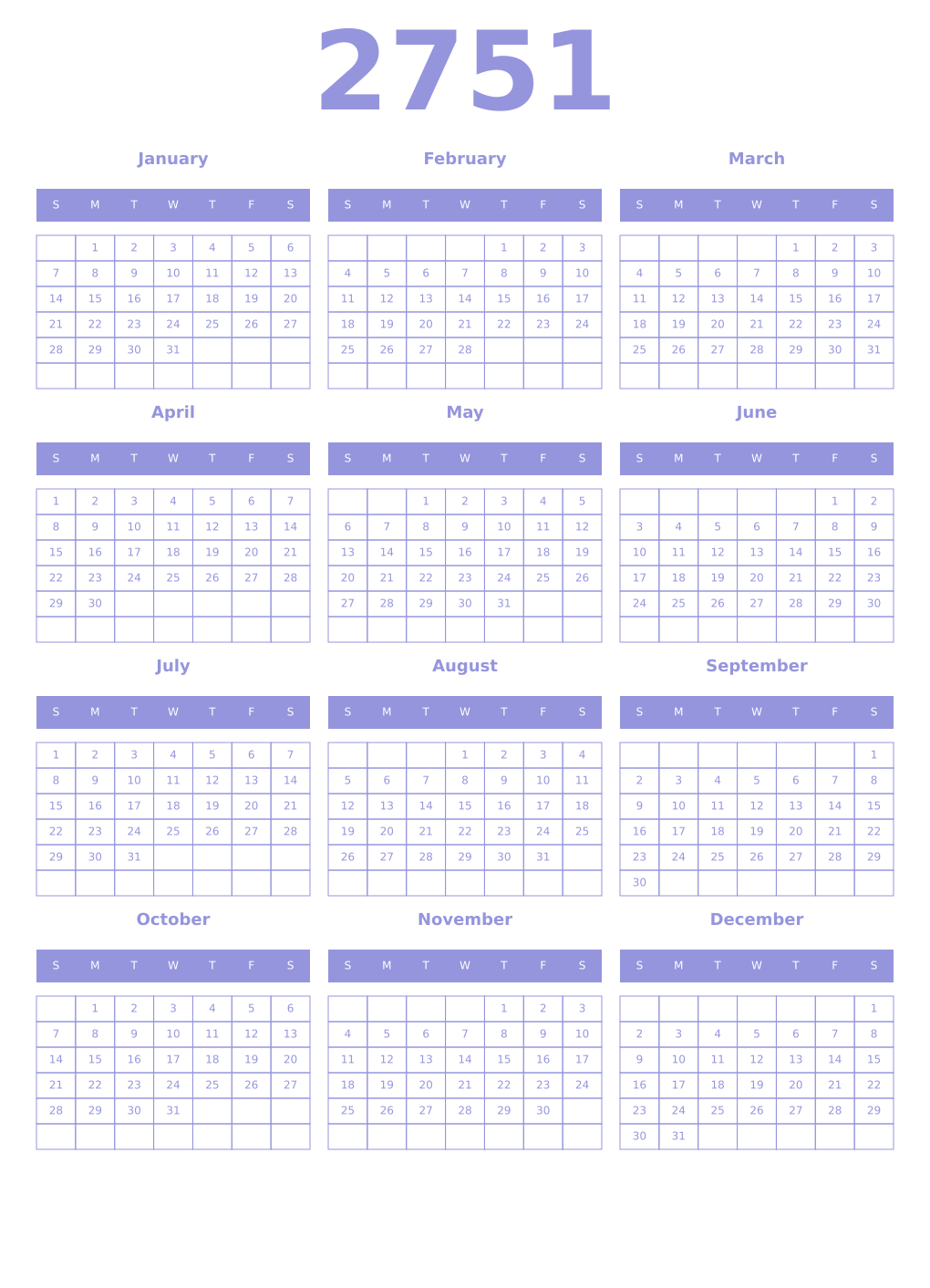 Printable 2751 Year Calendars periwinkle