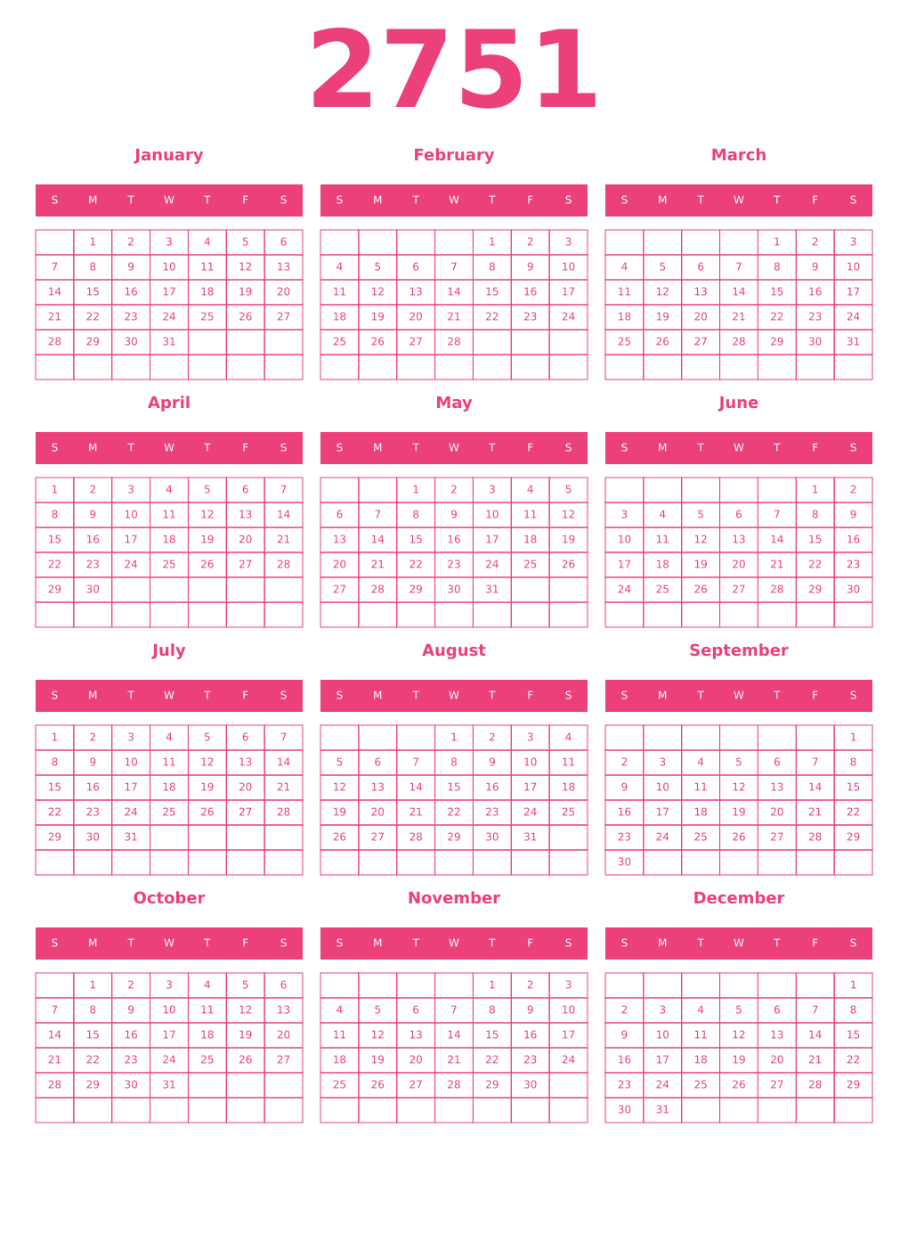 Printable 2751 Year Calendars pink