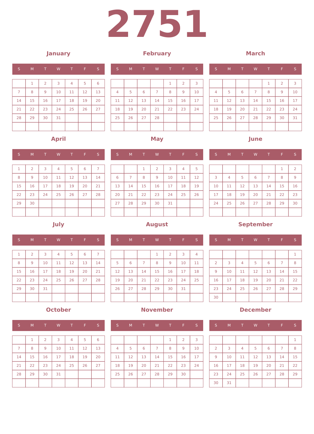 Printable 2751 Year Calendars puce