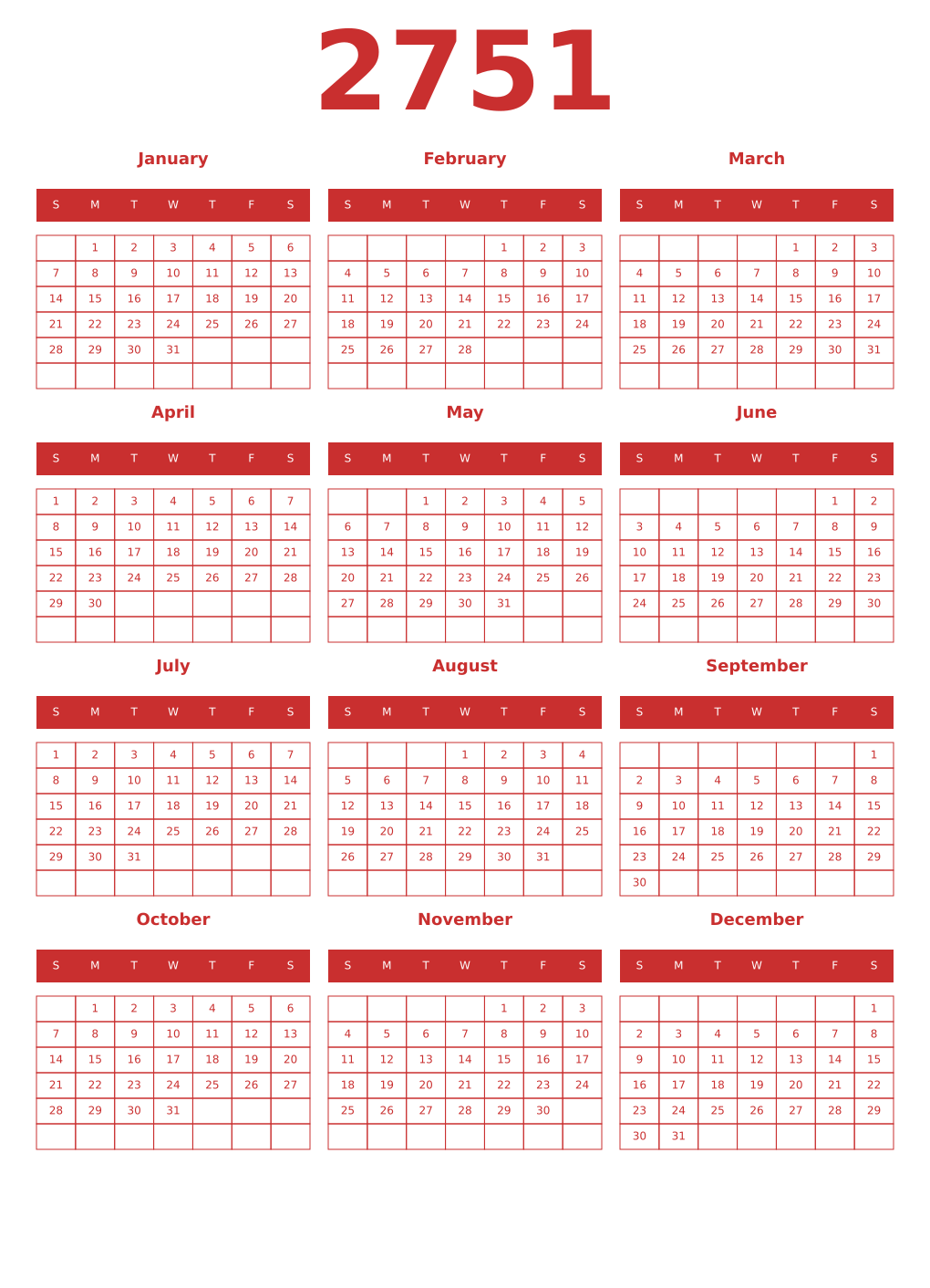 Printable 2751 Year Calendars red