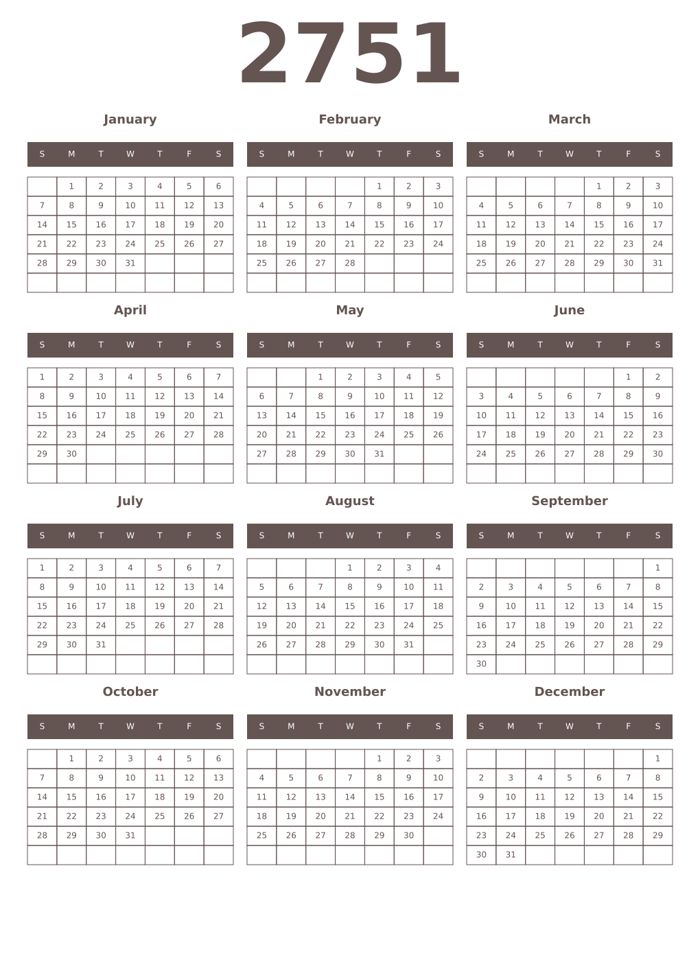 Printable 2751 Year Calendars wenge