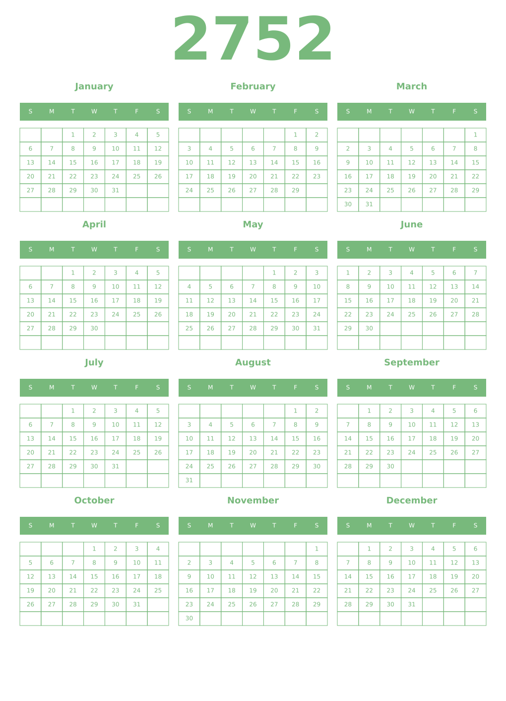 Printable 2752 Year Calendars celadon