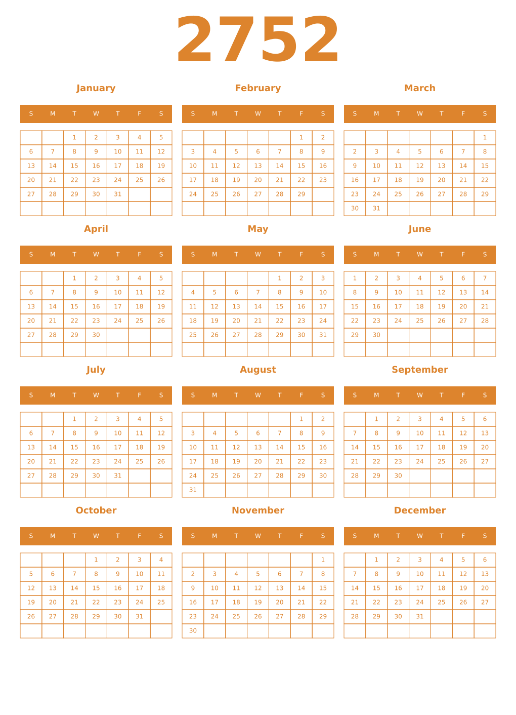 Printable 2752 Year Calendars orange