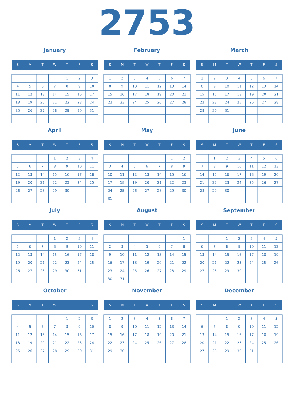 Printable 2753 Year Calendars blue