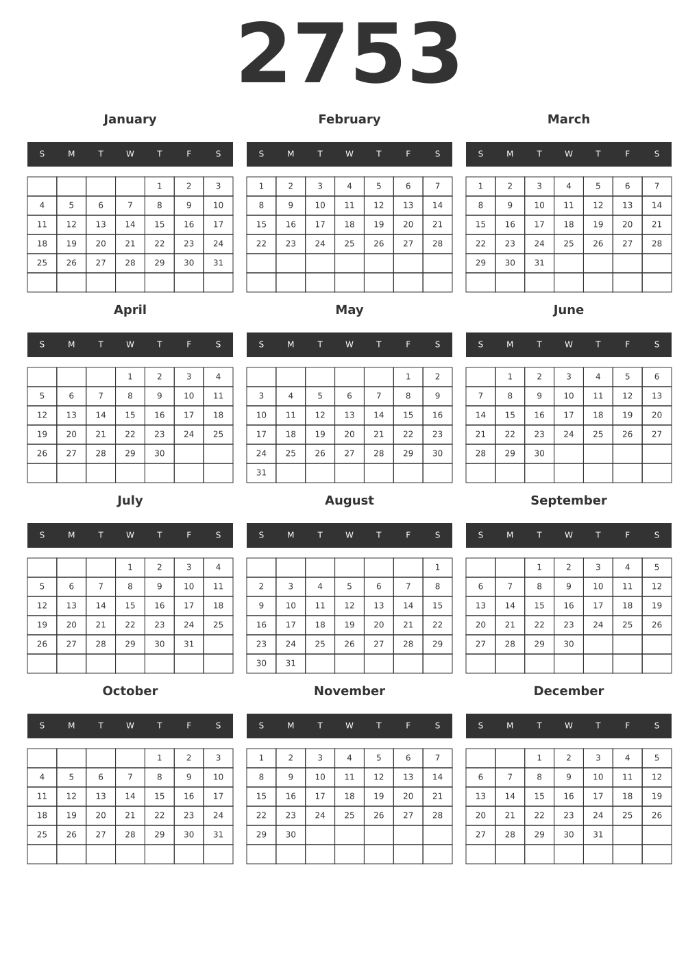 Printable 2753 Year Calendars dark