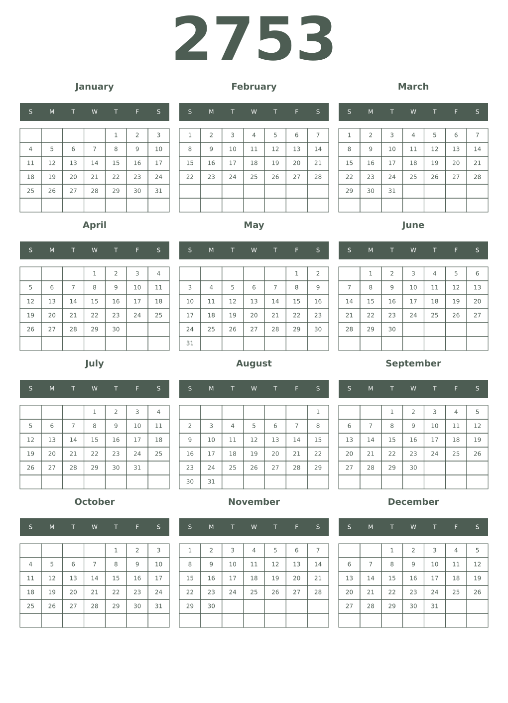 Printable 2753 Year Calendars feldgrau