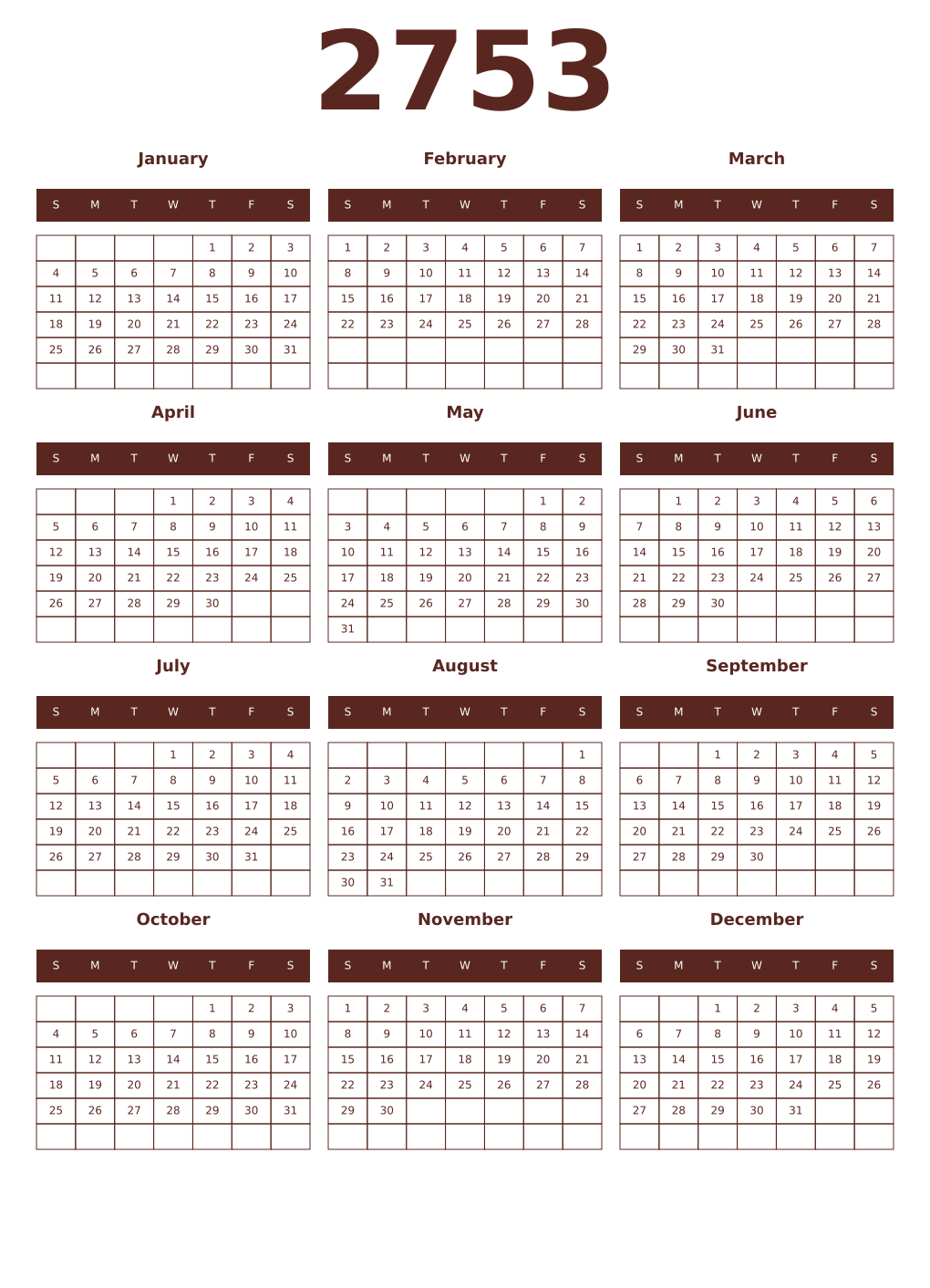 Printable 2753 Year Calendars mortuum