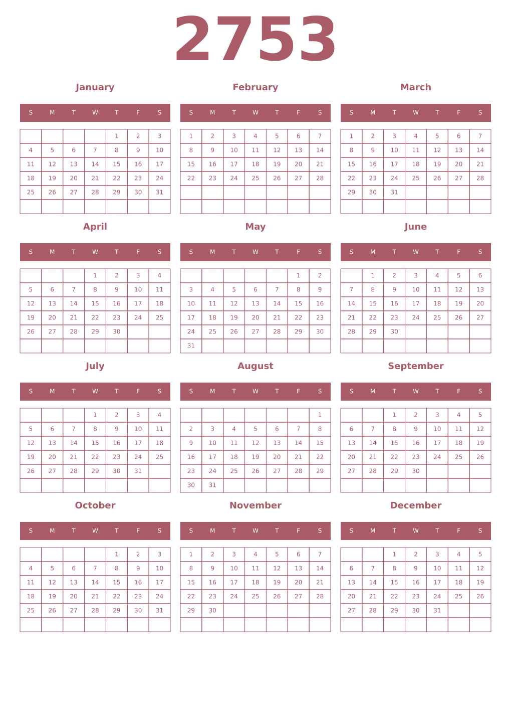 Printable 2753 Year Calendars puce
