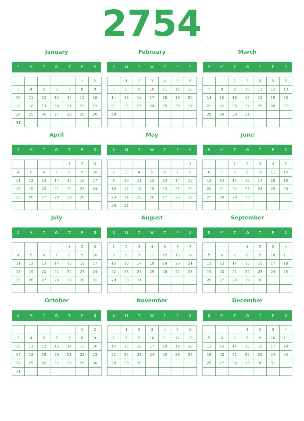 Printable 2754 Year Calendars green