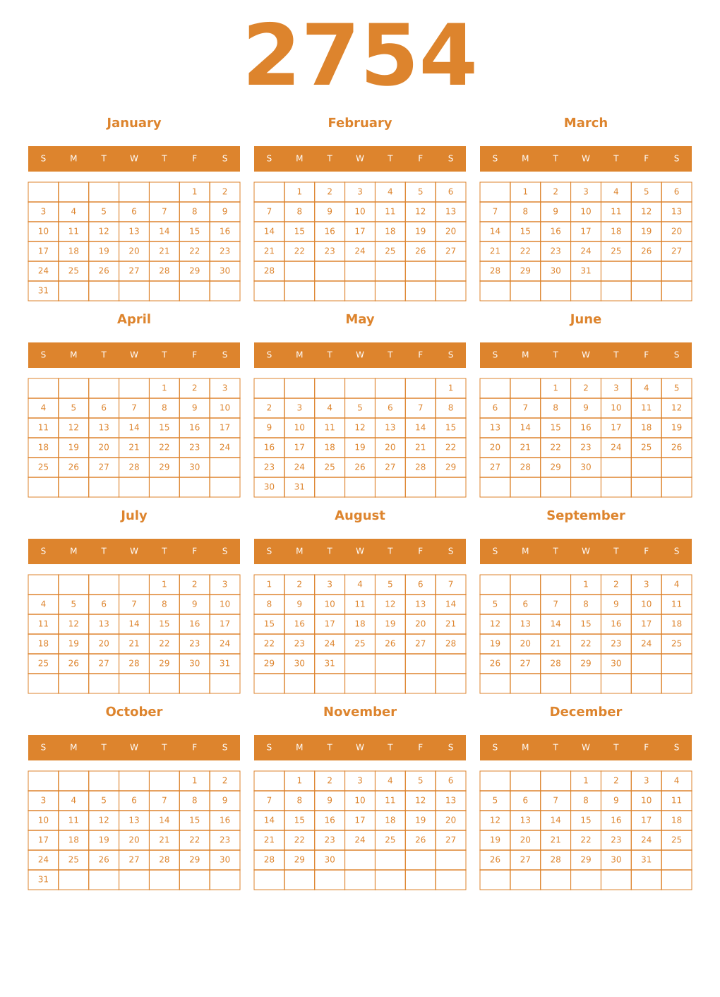 Printable 2754 Year Calendars orange