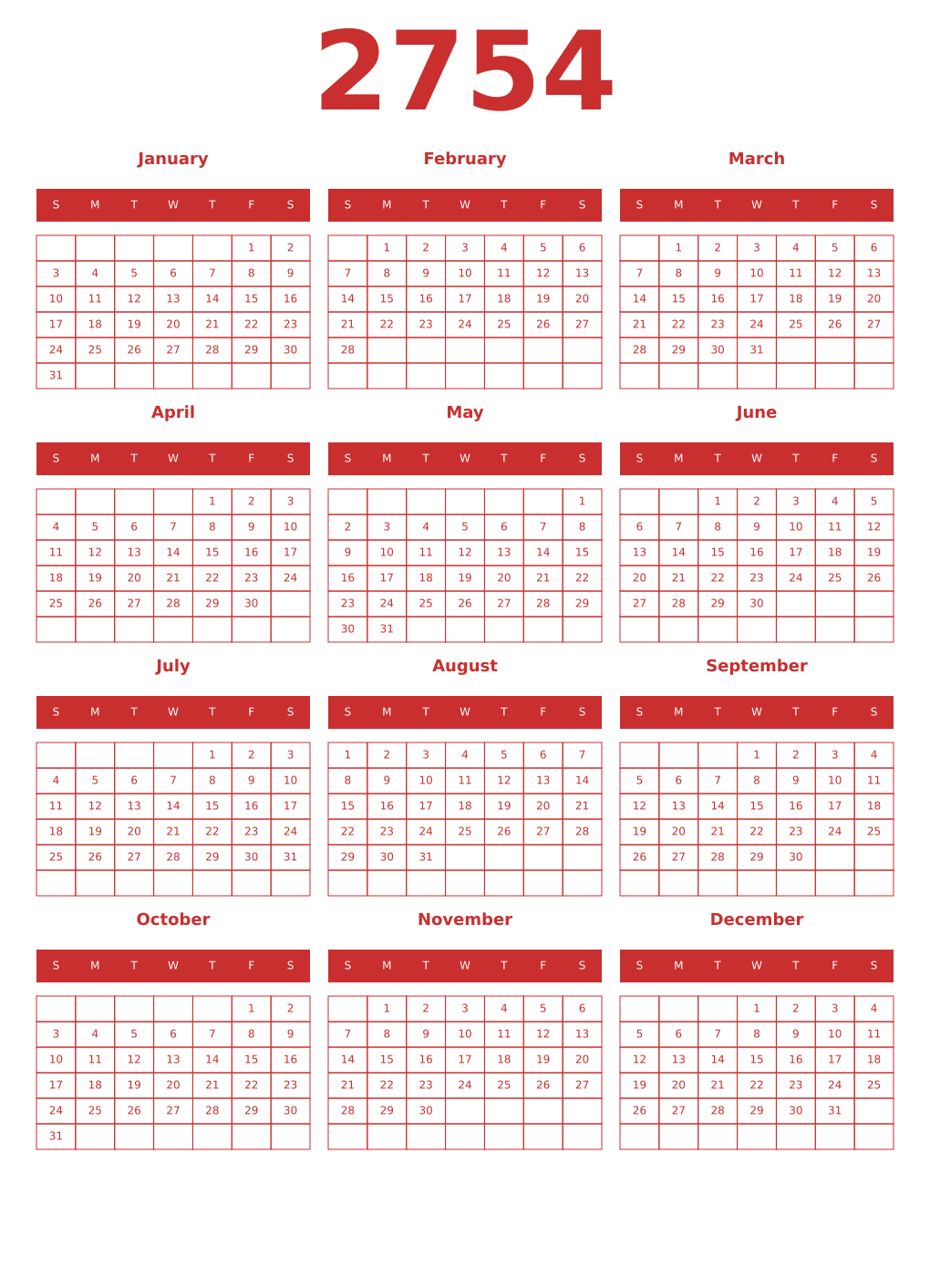 Printable 2754 Year Calendars red