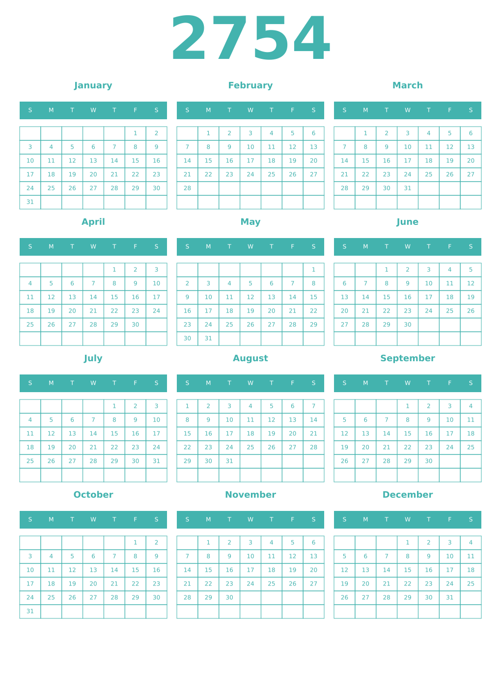 Printable 2754 Year Calendars verdigris